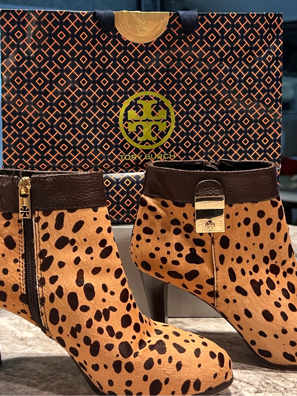 Tory Burch Leopard Spot Ankle Booties with Dark Brown Trim